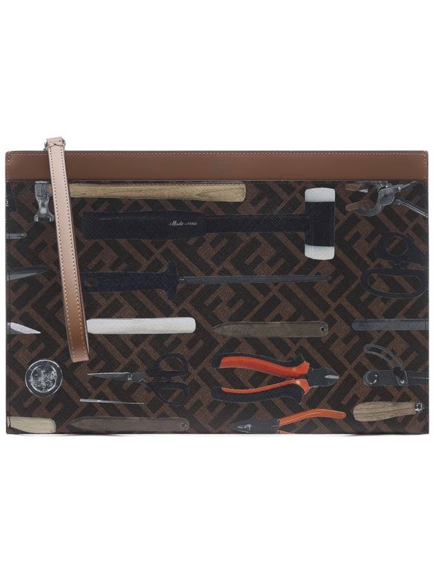 Fendi FF Logo Medium Flat Canvas Clutch Bag Brown