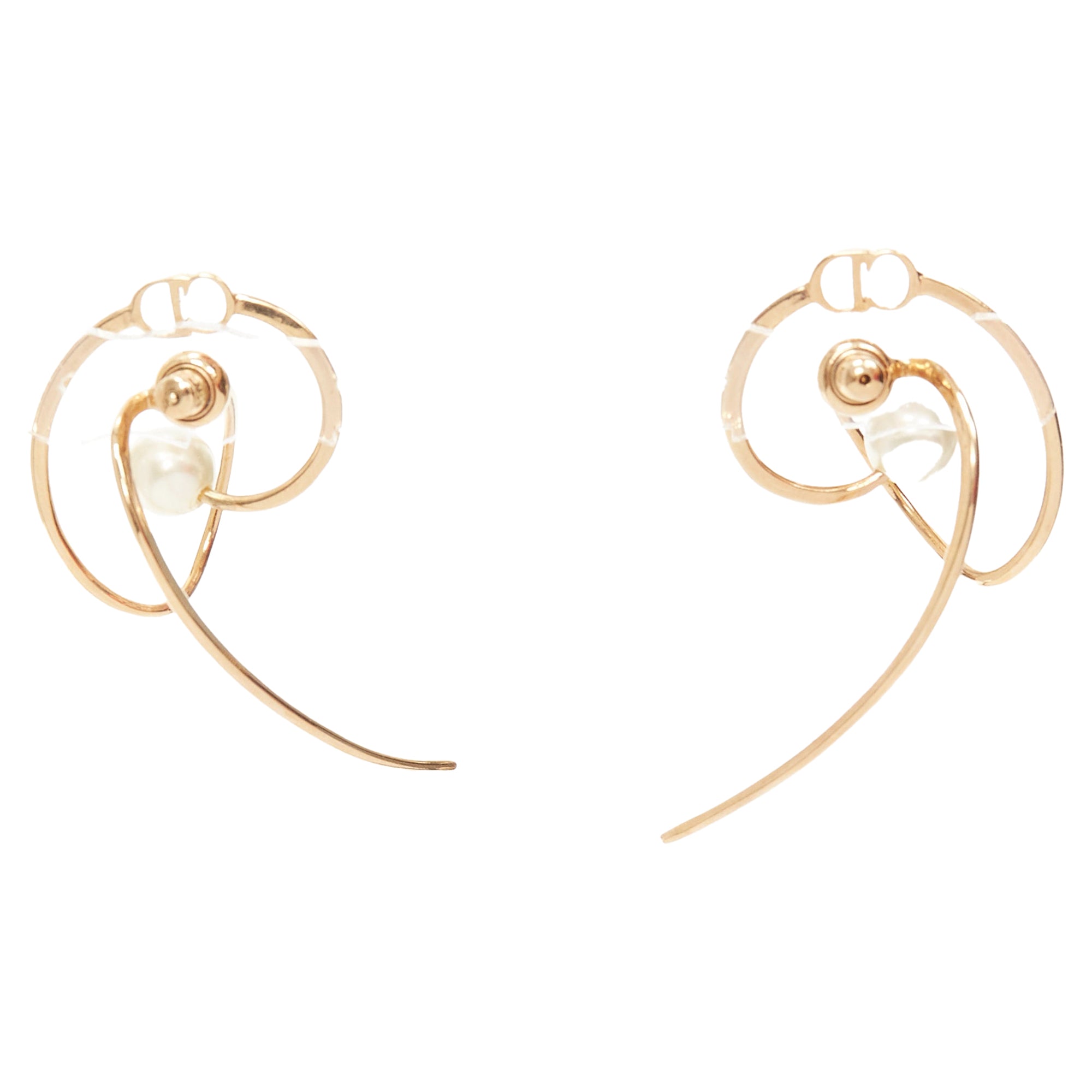 Dior Tribales Gold Metal CD Logo Faux Pearl Swirl Pin Earrings