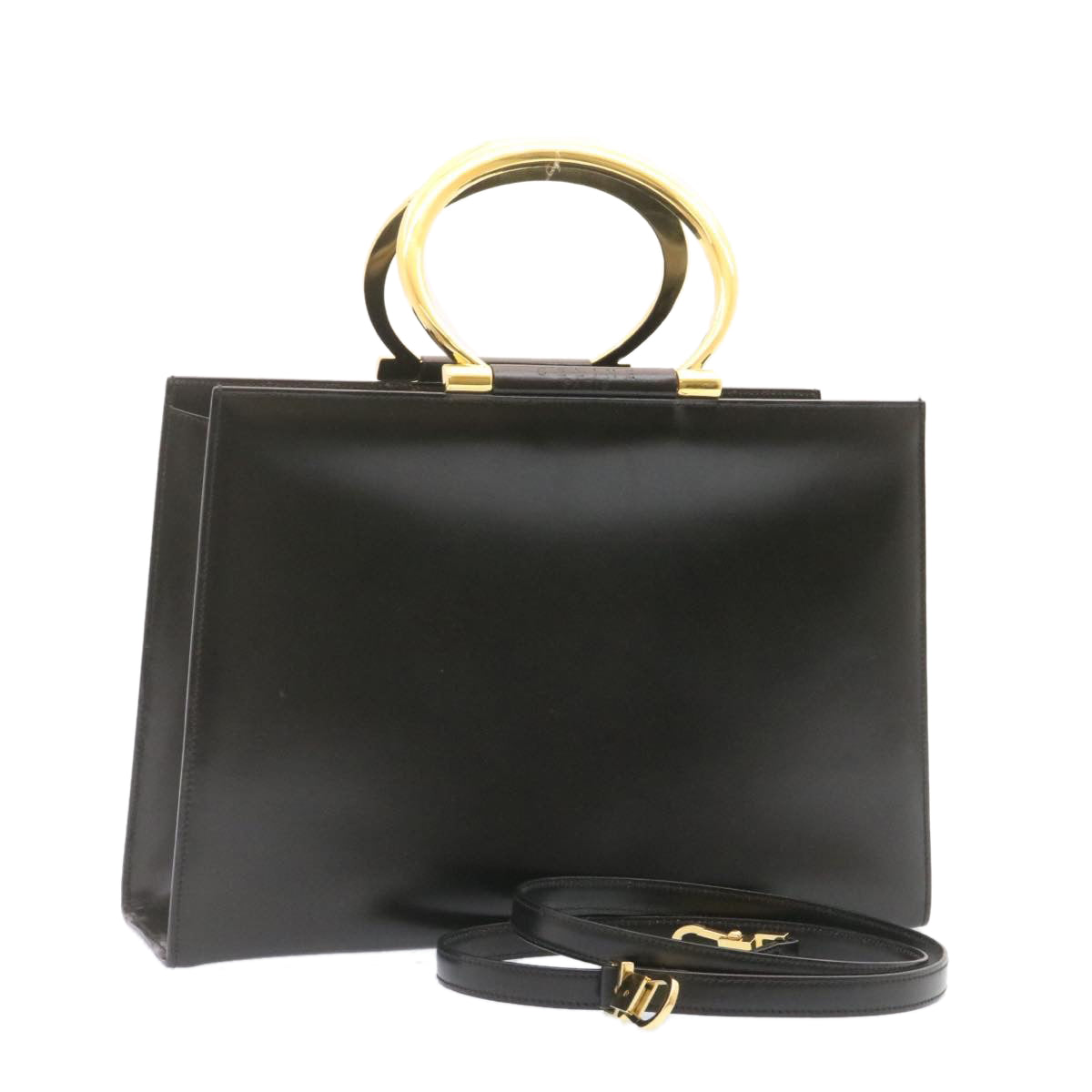 CELINE Hand Bag 2way Black Gold Tone Auth am354b
