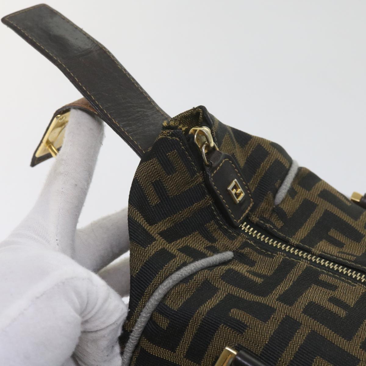 FENDI Zucca Canvas Hand Bag Black Brownbs10443