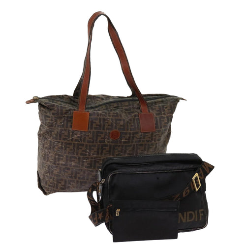 FENDI Zucca Canvas Shoulder Bag Coated Canvas 2Set Brown Blackbs10493