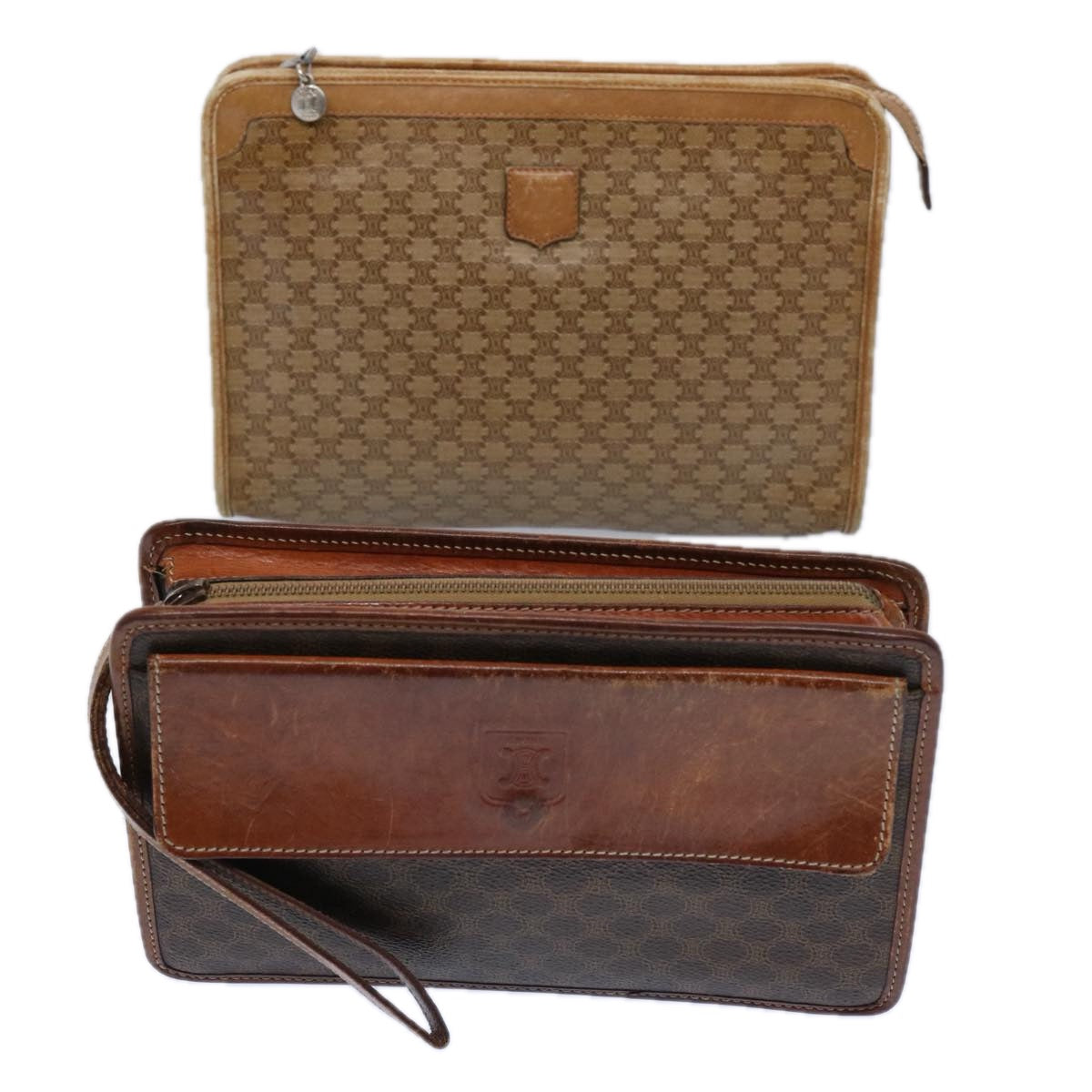 CELINE Macadam Canvas Clutch Bag PVC Leather 2Set Brown Beige  11113