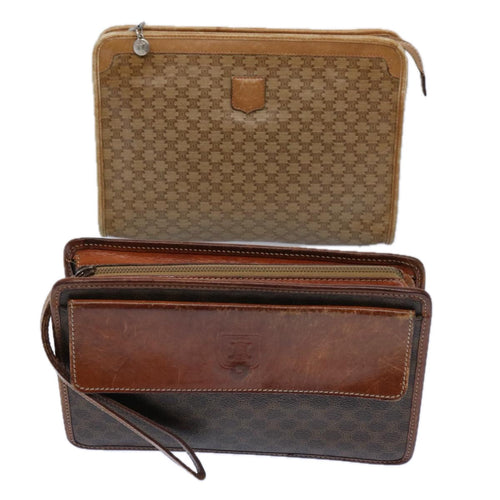 CELINE Macadam Canvas Clutch Bag PVC Leather 2Set Brown Beige  11113