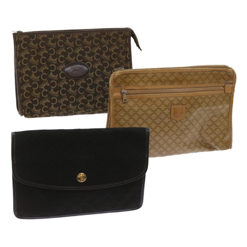 CELINE Macadam Canvas Clutch Bag 3Set Brown Beige black  11618