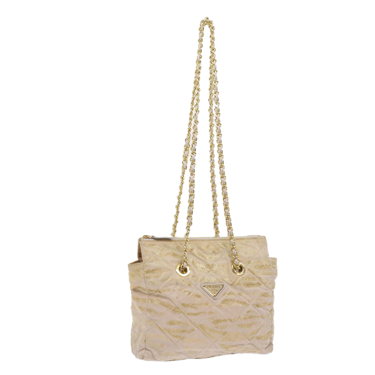 PRADA Quilted Chain Shoulder Bag Nylon Beige Gold  bs11645