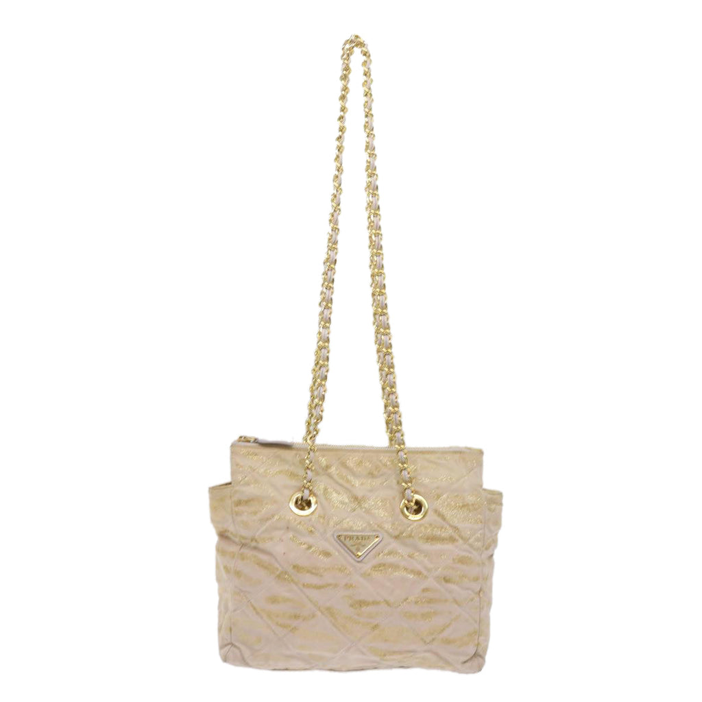 PRADA Quilted Chain Shoulder Bag Nylon Beige Gold  bs11645