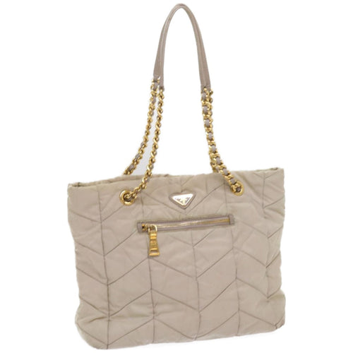 PRADA Quilted Chain Shoulder Bag Nylon Cream Gray  bs11952