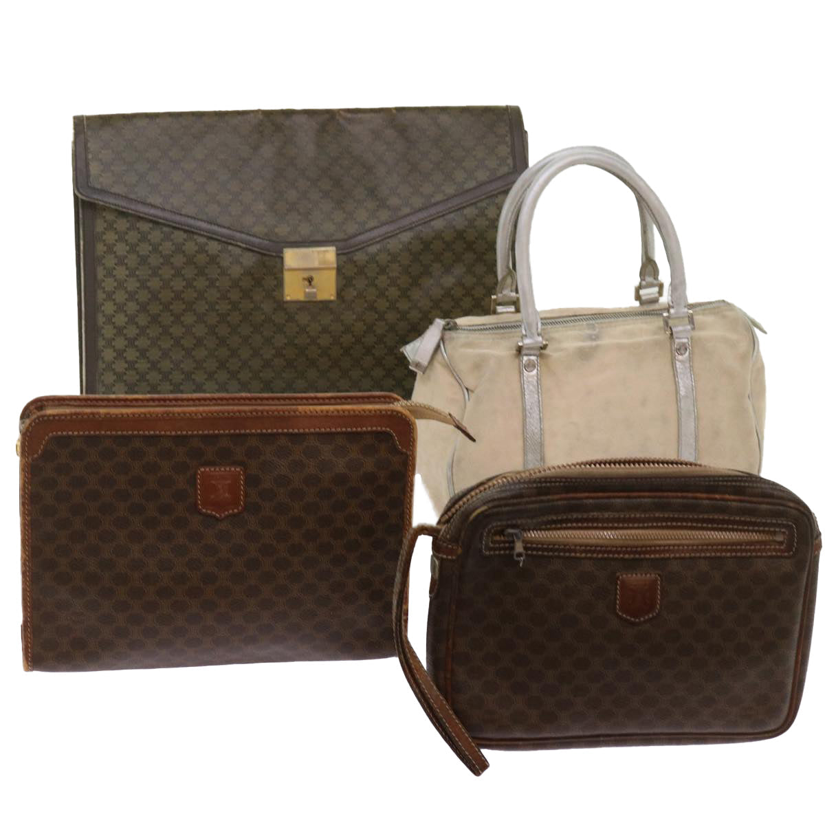 CELINE Macadam Canvas Hand Bag Clutch Bag PVC 4Set Brown Beige  12454