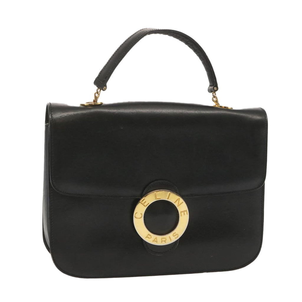 CELINE Circle Hand Bag Leather Black Auth bs12765