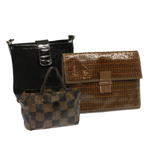 FENDI Zucchino Canvas Pecan Canvas Shoulder Bag 3Set Black Brownbs12932