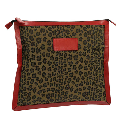 FENDI Leopard Clutch Bag Nylon Leather Red Brownbs13085