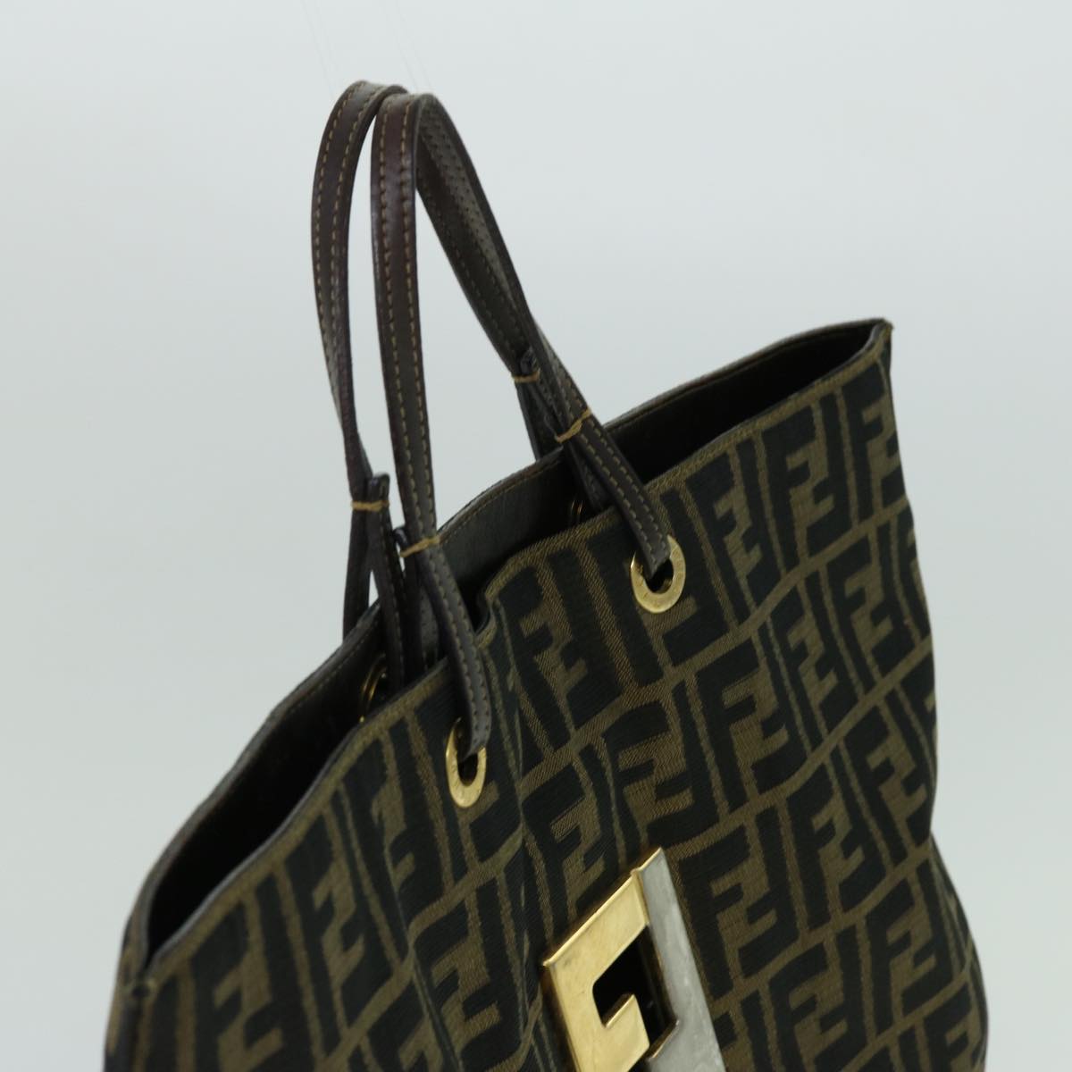 FENDI Zucca Canvas Hand Bag Brown Blackbs13299