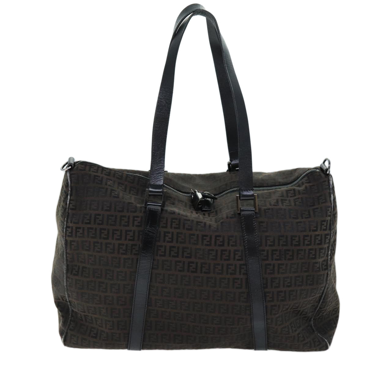 FENDI Zucchino Canvas Boston Bag Brown Blackbs14074