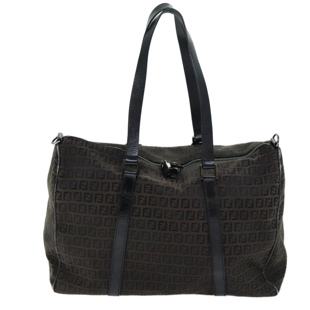 FENDI Zucchino Canvas Boston Bag Brown Blackbs14074