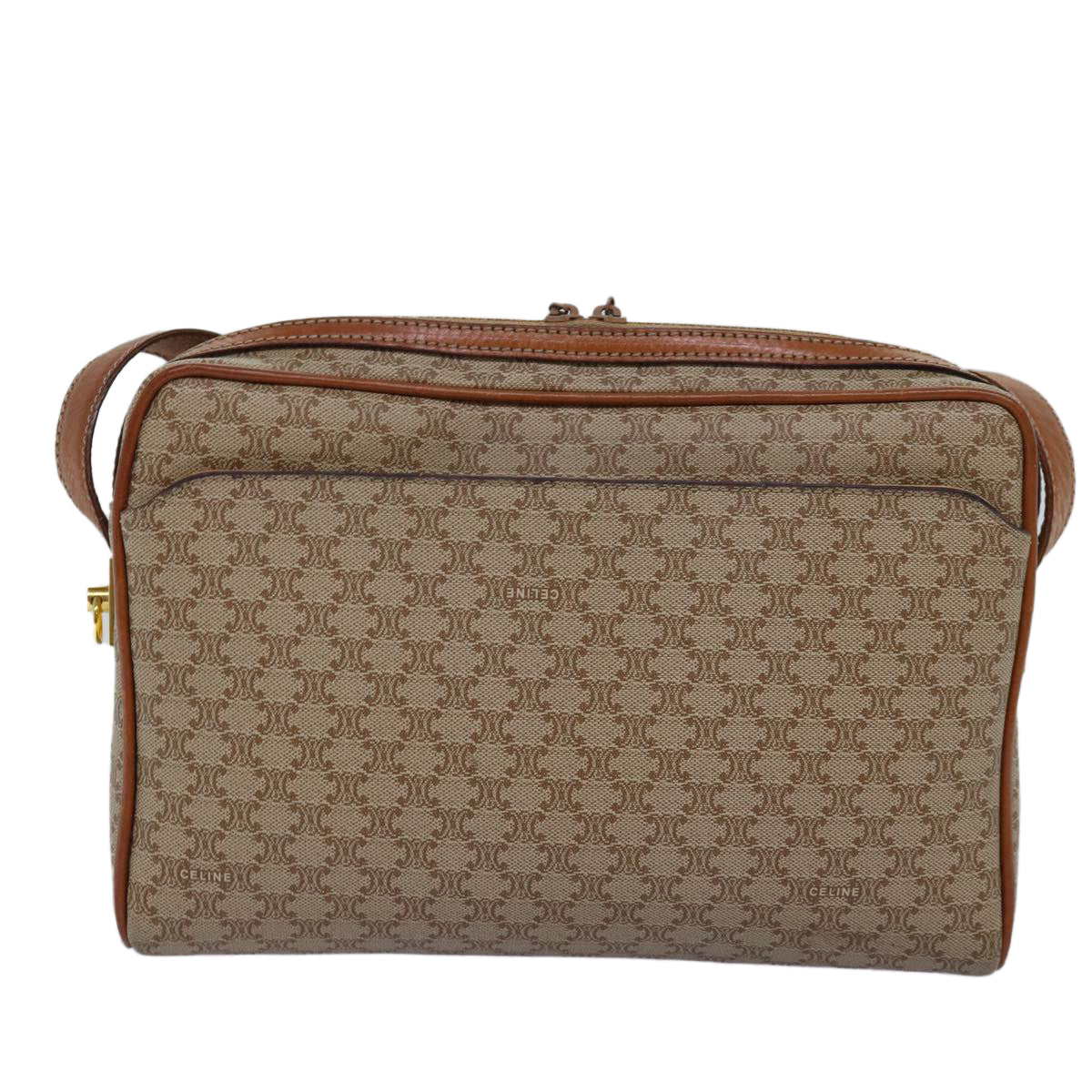 CELINE Macadam Canvas Shoulder Bag Beige Auth bs14235