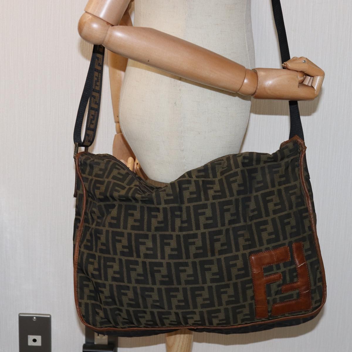 FENDI Zucca Canvas Shoulder Bag Black Brownbs14240