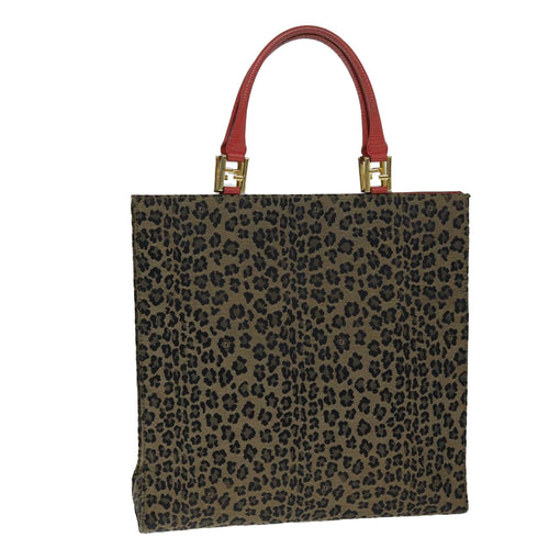 FENDI Leopard Hand Bag Canvas Brown Redbs14393