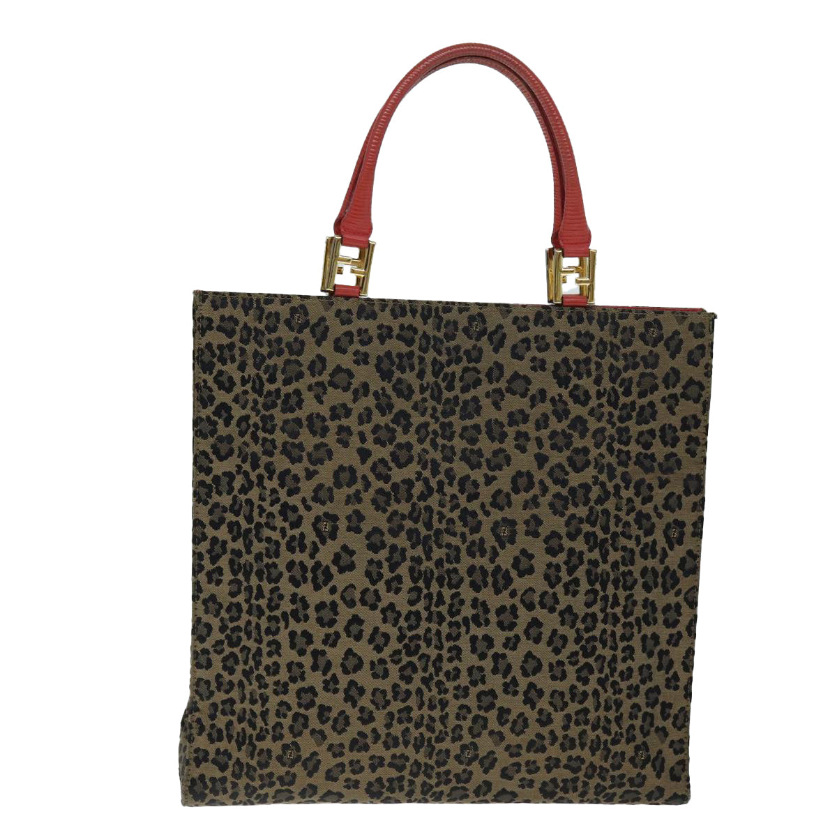 FENDI Leopard Hand Bag Canvas Brown Redbs14393