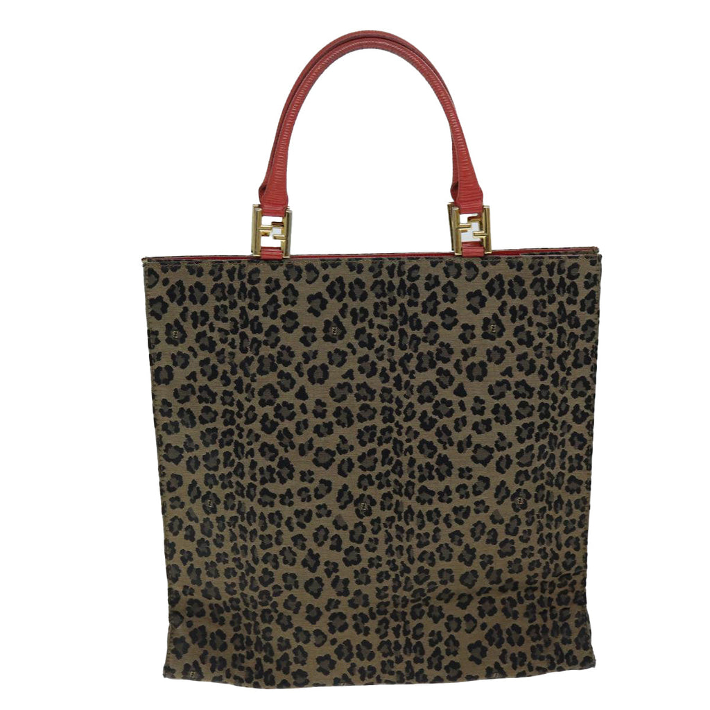 FENDI Leopard Hand Bag Canvas Brown Redbs14393