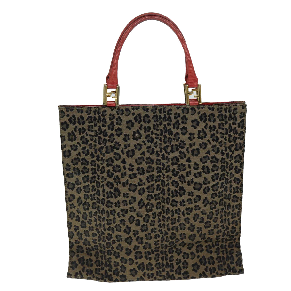 FENDI Leopard Hand Bag Canvas Brown Redbs14393