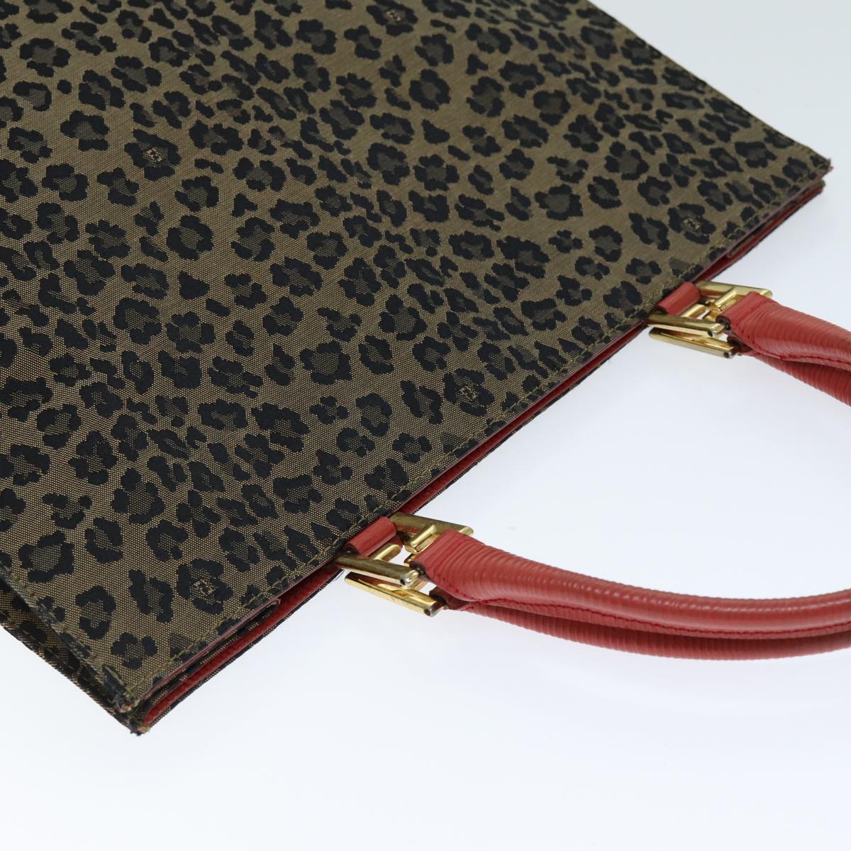 FENDI Leopard Hand Bag Canvas Brown Redbs14393