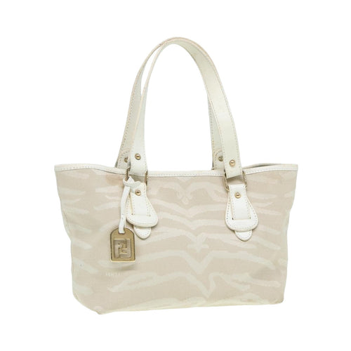 FENDI Hand Bag Canvas Leather Whitebs16007