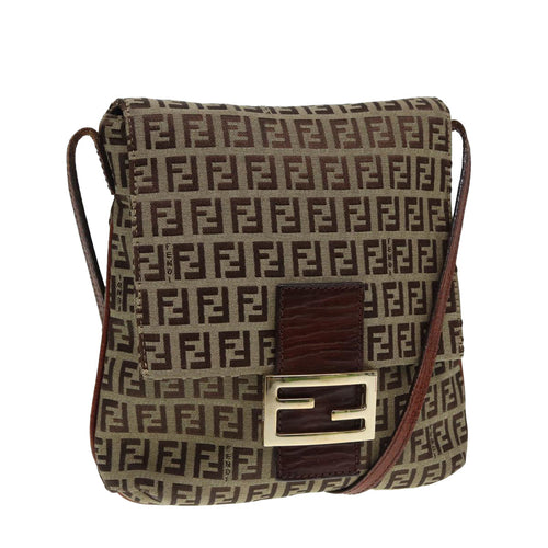 FENDI Zucchino Canvas Shoulder Bag Brown Goldbs17192