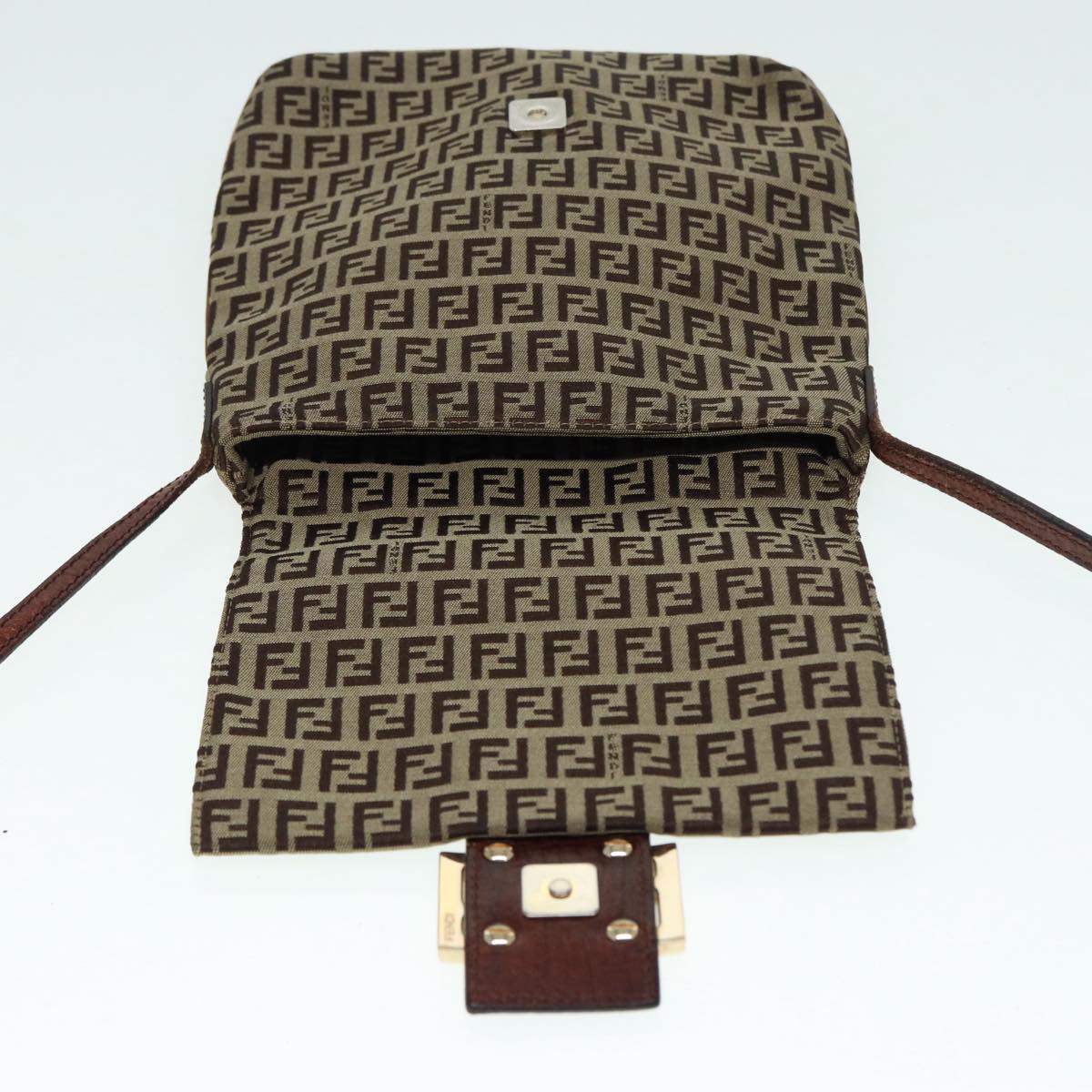 FENDI Zucchino Canvas Shoulder Bag Brown Goldbs17192