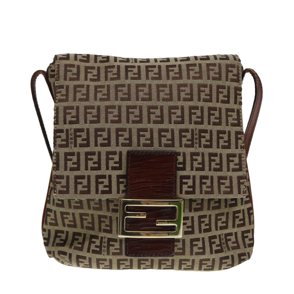 FENDI Zucchino Canvas Shoulder Bag Brown Goldbs17192