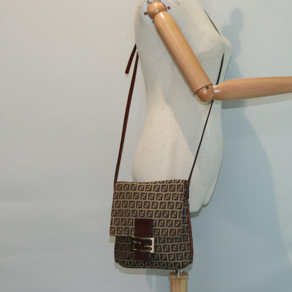 FENDI Zucchino Canvas Shoulder Bag Brown Goldbs17192