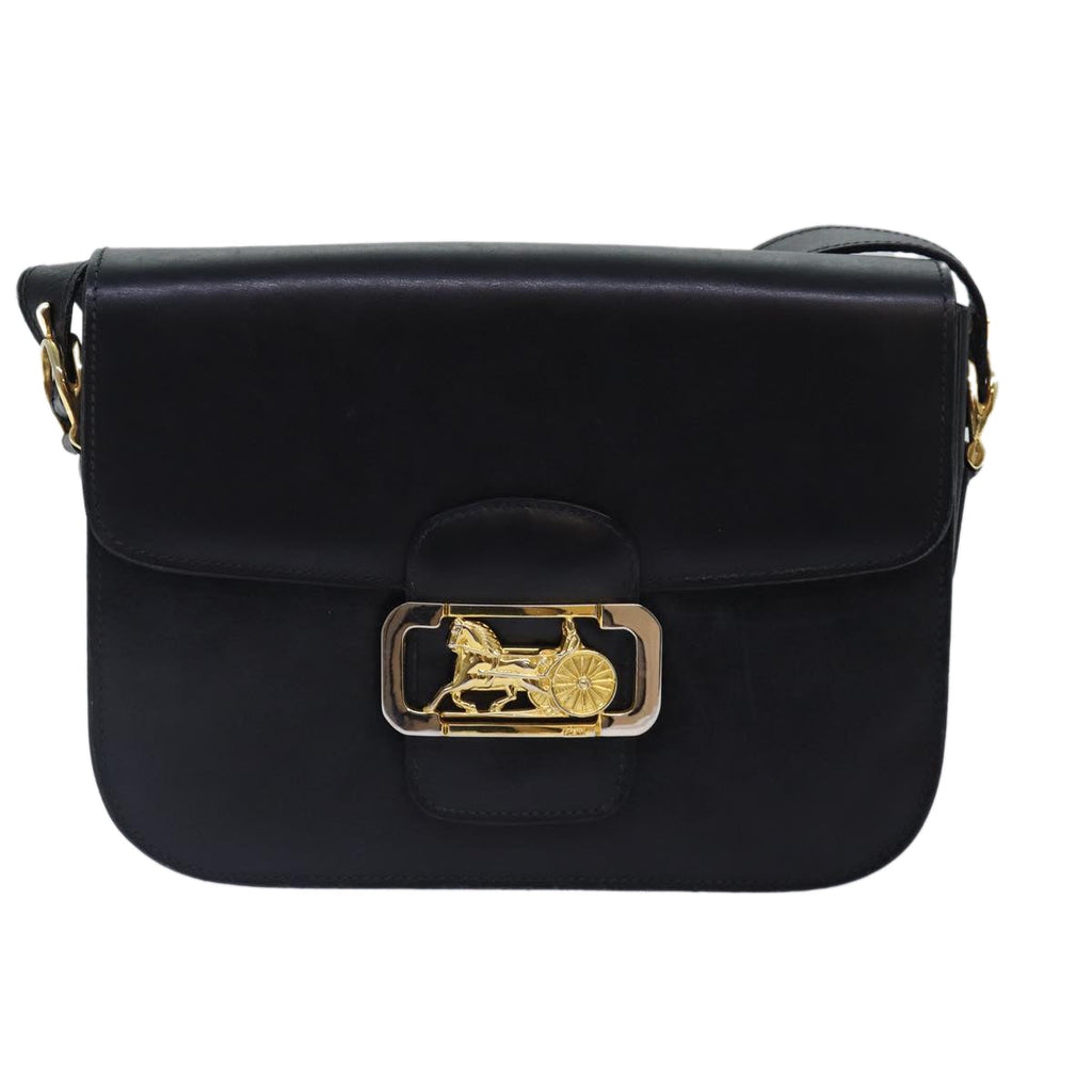 CELINE Horse Carriage Shoulder Bag Leather Black Gold Auth bs17653