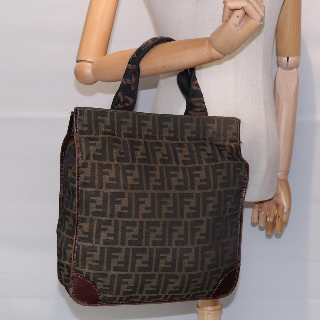 FENDI Zucca Canvas Hand Bag Brown Black Silverbs17723
