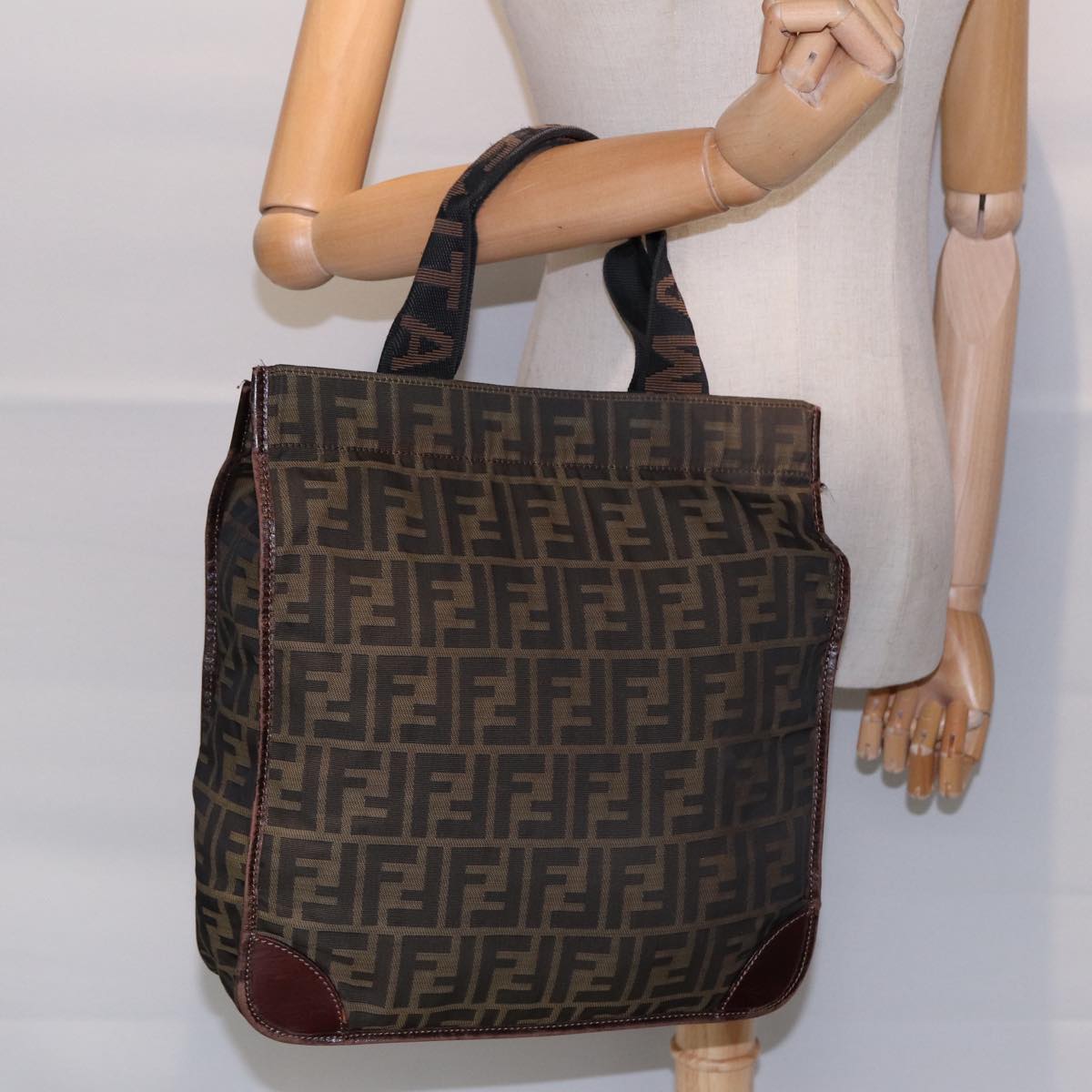 FENDI Zucca Canvas Hand Bag Brown Black Silverbs17723