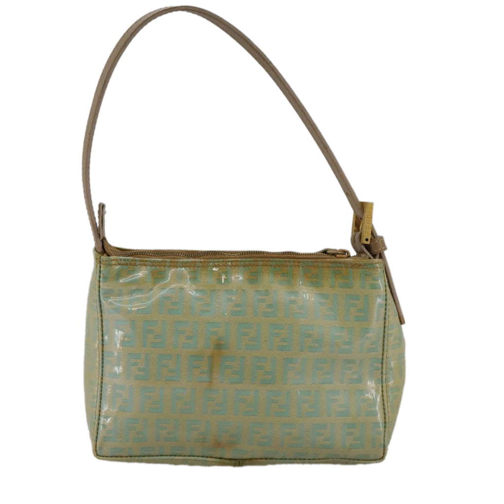 FENDI Zucchino Canvas Hand Bag Enamel Leather Blue Beige goldbs18730