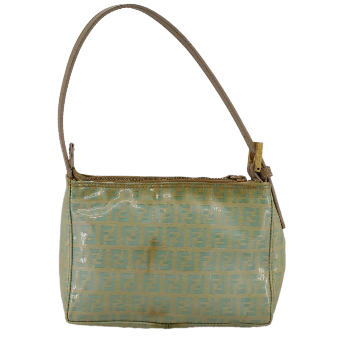 FENDI Zucchino Canvas Hand Bag Enamel Leather Blue Beige goldbs18730