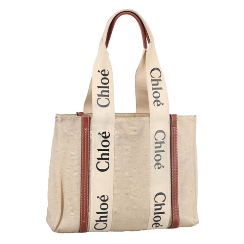 Chloe Woody Medium Tote Bag Canvas Leather Beige Brown bs19363