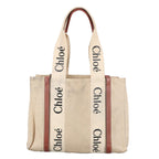 Chloe Woody Medium Tote Bag Canvas Leather Beige Brown bs19363
