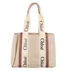 Chloe Woody Medium Tote Bag Canvas Leather Beige Brown bs19363