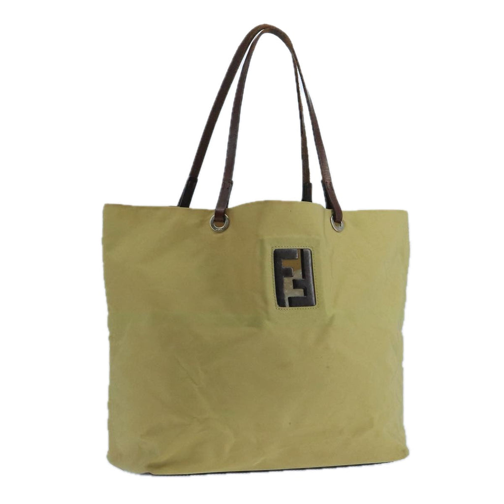 FENDI Tote Bag Nylon Leather Beige Brown Silverbs20576