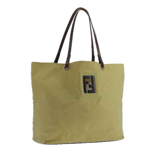FENDI Tote Bag Nylon Leather Beige Brown Silverbs20576