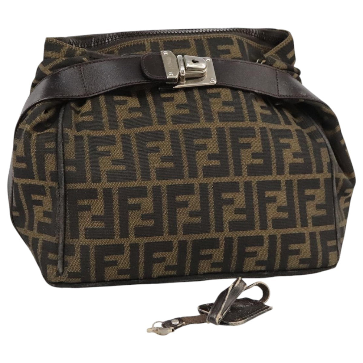 FENDI Zucca Canvas Hand Bag Brown Black Silverbs20582