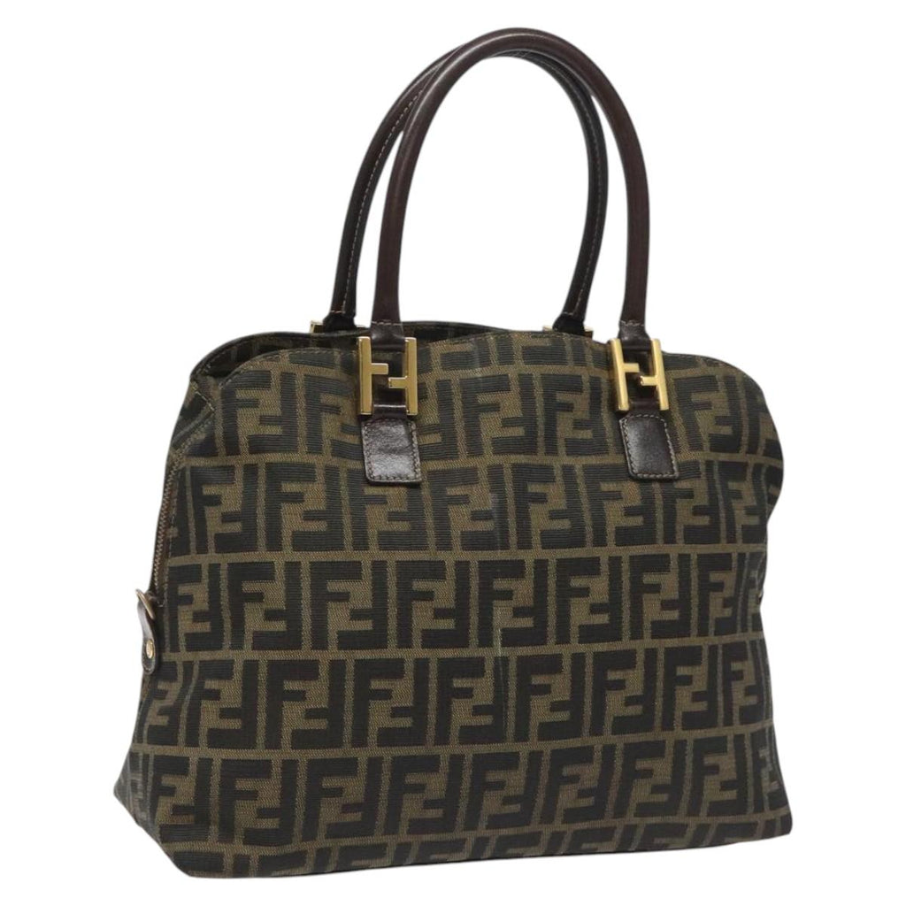 FENDI Zucca Canvas Hand Bag Brown Black goldbs22363