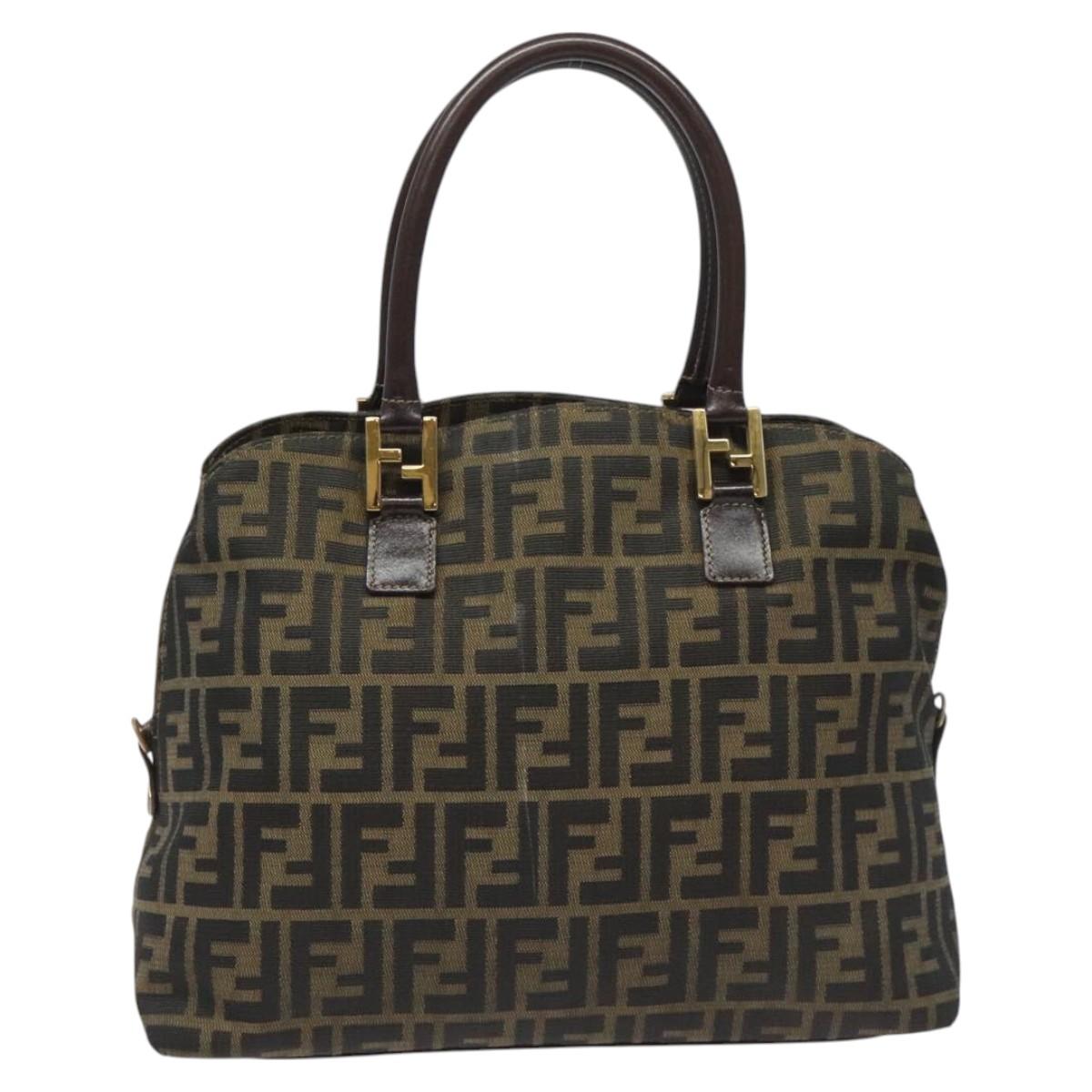 FENDI Zucca Canvas Hand Bag Brown Black goldbs22363