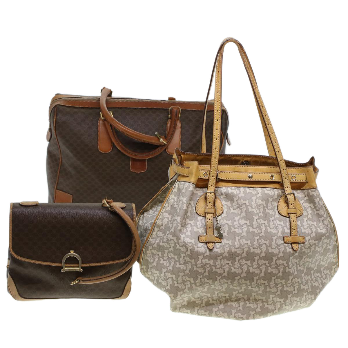 CELINE Macadam Canvas Hand Bag Boston Bag PVC Leather 3Set Beige  5171