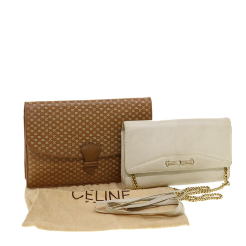 CELINE Shoulder Chain Clutch Bag Leather 2Set Brown Whe  5313