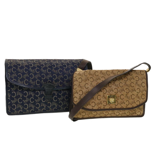 CELINE C Macadam Canvas Clutch Shoulder Bag 2Set Beige Navy  5756