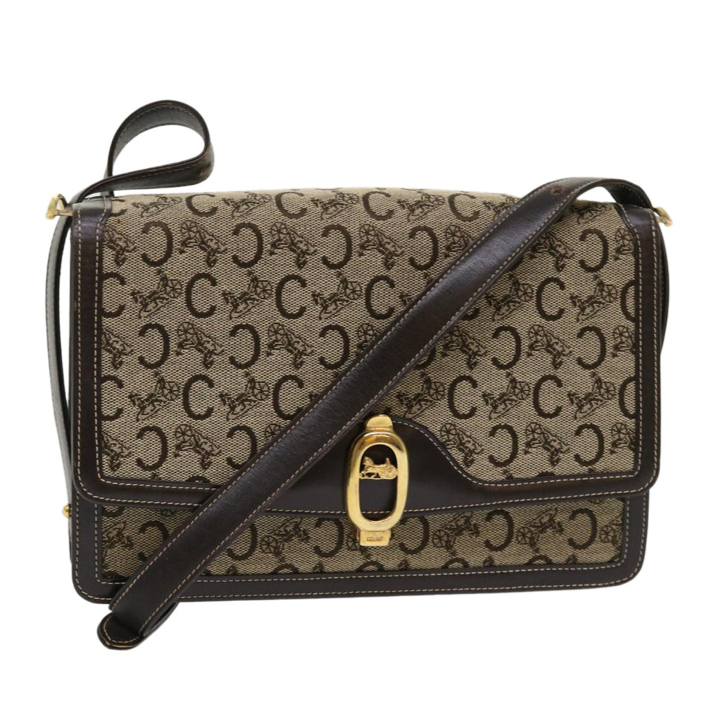 CELINE C Macadam Canvas Shoulder Bag Canvas Leather Beige Dark Brown  6694