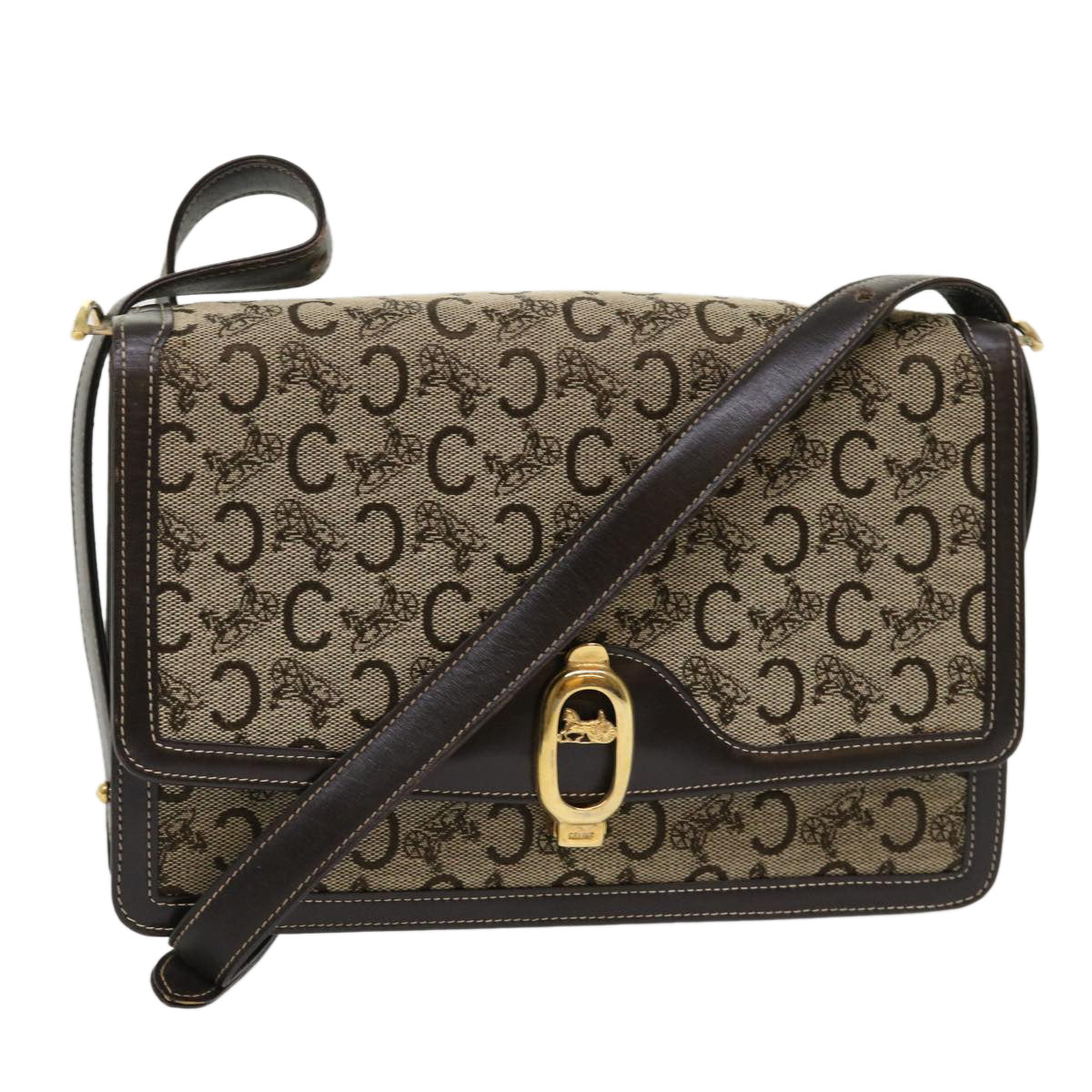 CELINE C Macadam Canvas Shoulder Bag Canvas Leather Beige Dark Brown  6694