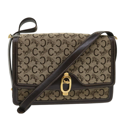 CELINE C Macadam Canvas Shoulder Bag Canvas Leather Beige Dark Brown  6694