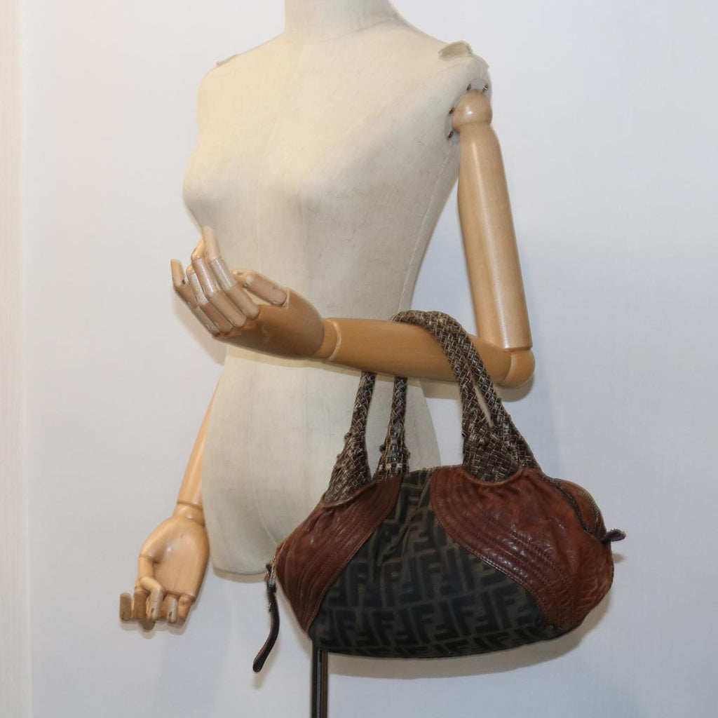 FENDI Zucca Canvas Spy Hand Bag Nylon Leather Brownbs8264